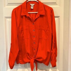 MULTIPLES Womens Orange Button‎ Down Long Sleeve Tie Front Shirt Lyocell Sz L